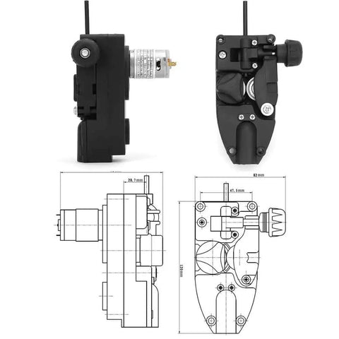 DIY Friendly Wire Feed Motor For Soldering And Flux Core Welding, DC 24V 10W with technical drawings and side views