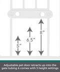 Extra Tall Walk Thru Pet Gate For Large Dogs With Adjustable Pass Through Door view showing height settings and pet door retraction features.