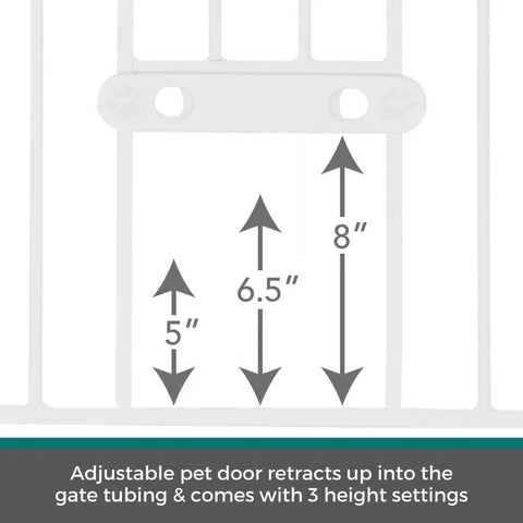 Extra Tall Walk Thru Pet Gate For Large Dogs With Adjustable Pass Through Door view showing height settings and pet door retraction features.