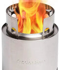Ultra Lightweight Packable Camping Stove For Hiking And Survival With Gasification Rocket Design showing clean burning flame