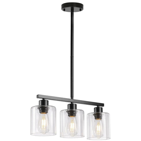 Sleek Black Three Light Kitchen Island Pendant Lamps Using Dimmable E26 Base hanging over countertop with clear glass shades.