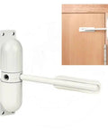 Heavy Duty Zinc Alloy Adjustable Surface Mounted Automatic Door Closer With Fire Rated Stopper Built To Last Quiet Close DIY Friendly Install Black Finish For Home And Office Doors, shown mounted on a wooden door