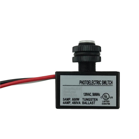 Front view of 2 Pack Outdoor Dusk To Dawn Photoelectric Switches For 120V AC Lighting showing label and wiring
