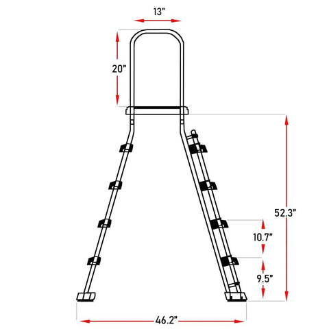 5 Step A Frame Pool Ladder for Above Ground Pools with No Slip Treads and Inside Barrier White and Blue Easy Handrails Fits 48 to 52 Inch Side Walls Kid Safe Entry for Everyone Supports Up to 275 Lb Weight Capacity dimensioned side view