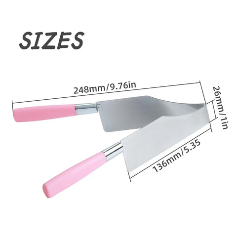 2 Piece Rose Red Stainless Steel Cake Slicer Cutter For Precise Even Square Sheet Cake Portions Easy Grip Ergonomic Handle Rustproof Baking Tool showing size dimensions.