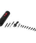 No Sweat Handheld Electric Drill With Ergonomic Cordless Handle for Quick Smartphone Repairs and Home Appliance Assembly, USB charger, and multiple bits.