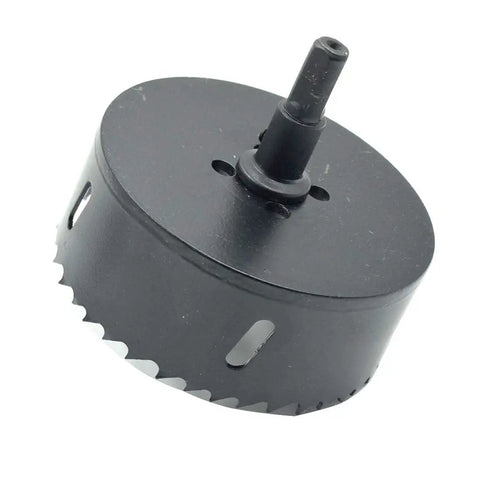 Pro Grade Heavy Duty Bi Metal Hole Saw Drill Sharp Cutter Rock Hard Edge 3.5 Inch Tool, black with shank and slots for easy cutting.