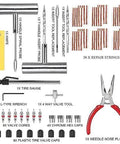 Knuckle Tough Roadside Flat Tire Repair Kit 61 Piece Set with tools like pliers, repair strings, and a tire gauge for quick fixes.
