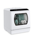 Compact Countertop Dishwasher With Five Beast Mode Wash Cycles And No Brainer Setup For Tiny Apartments Featuring A Built In Water Tank and dishes inside.