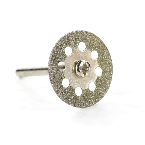 Close-up of ultrathin diamond disc on rod from Ten Piece Diamond Cutting Discs Set for Rotary Tools, ideal for gemstone and tile.