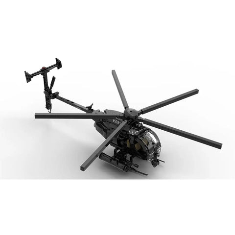 Dope Little Bird MH6 Helicopter Model Kit for Adults and Hobbyists, 595 Piece Military Helicopter Building Blocks Set, side view.