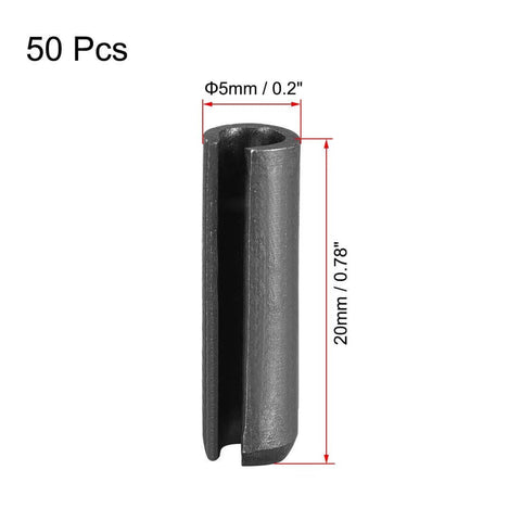 Slotted Spring Pin 5mm x 20mm, Plain Finish 65Mn Roll Assortment Kit, 50 Pieces, heavy duty mechanical fasteners, close-up view