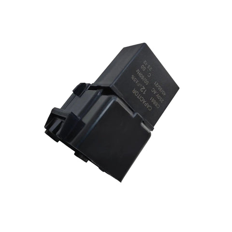 Upgraded Start Relay With WR07X10097 And Matched 12uF 250VAC Run Capacitor Kit for refrigerator replacement, close-up view