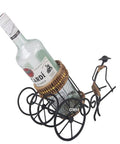 Handmade Asian Style Rickshaw Puller Wine Bottle Holder With Natural Rattan Accents, showcasing a clear bottle in vintage metal holder.