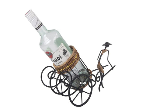 Handmade Asian Style Rickshaw Puller Wine Bottle Holder With Natural Rattan Accents, showcasing a clear bottle in vintage metal holder.