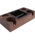 Premium Walnut Coffee Tamping Station With Adjustable Height Base And Stainless Steel Knock Box, solid wood construction.