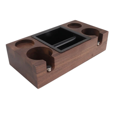 Premium Walnut Coffee Tamping Station With Adjustable Height Base And Stainless Steel Knock Box, solid wood construction.
