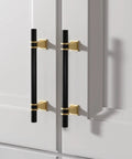 Six And A Quarter Inch Black And Gold Cabinet Handles Set Of Ten For Kitchen Cabinets Dressers And Wardrobes With Durable Zinc Alloy And Matte Finish DIY Friendly With Two Screw Sizes For Three Inch Hole Centers mounted on white cabinet
