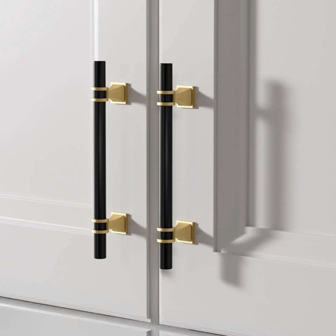 5 Pack 3.75 Inch Black And Gold Cabinet Handles Slick Modern Zinc Alloy Drawer Pulls For Kitchen Cabinets Dressers Wardrobes Matte Finish