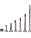 50 Pack 12 X 1 Inch Pan Head Self Drilling Screws For Metal Heavy Duty Phillips Drive Tek Screws 410 Stainless Steel Full Thread Self Tapping Fasteners displayed in multiple sizes.