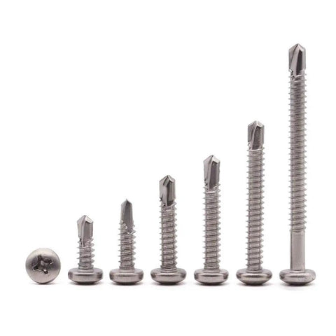 50 Pack 12 X 1 Inch Pan Head Self Drilling Screws For Metal Heavy Duty Phillips Drive Tek Screws 410 Stainless Steel Full Thread Self Tapping Fasteners displayed in multiple sizes.