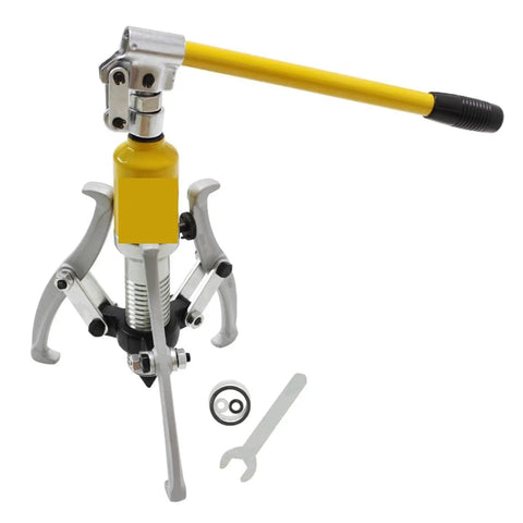 Pro Level Hydraulic Puller 5 Ton Capacity With Swappable Two And Three Claw Jaws Heavy Duty Bearing Hub Remover Built Tough Using Solid Alloy Steel For No Nonsense Garage Work Every Time shown with attached jaws and wrench.