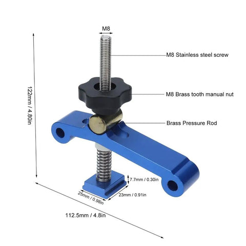 Super Cool Anu Limen T Track Clamp In Vivid Blue with dimensions for CNC Router and woodworking tasks.