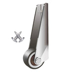 Close-up of heavy duty door lifting device wheel and screws from Quick Fix For Saggy Wooden Doors No Sweat Setup.