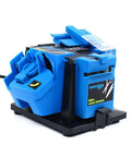 Rugged 65 Watt Electric Multitask Sharpener fixes drill bits chisels scissors and planer knives, compact blue design.