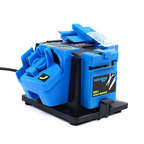 Rugged 65 Watt Electric Multitask Sharpener fixes drill bits chisels scissors and planer knives, compact blue design.