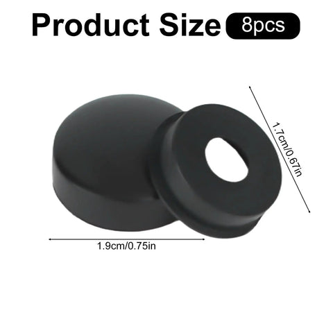 Product size view showing black screw cap from 8 Pack Car License Plate Screw Caps And Bolt Covers Set, dimensions included