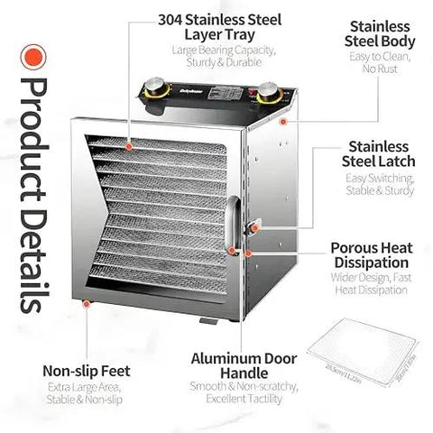 Heavy Duty Stainless Steel Commercial Food Dehydrator with 304 stainless body, aluminum door handle, and non-slip feet features.