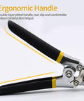 Side view of hand seamer with ergonomic black foam handles and yellow collar; 6in straight jaw sheet metal bender.