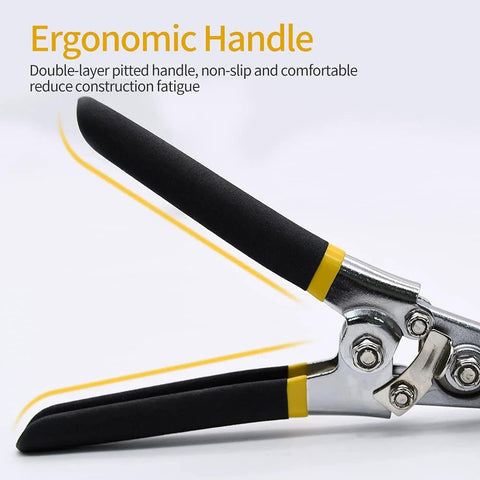 Side view of hand seamer with ergonomic black foam handles and yellow collar; 6in straight jaw sheet metal bender.