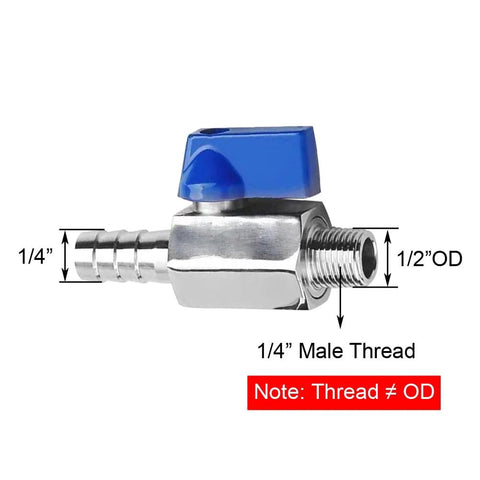 BesNPT stainless steel shut-off valve with blue handle, 1/4" NPT male to 1/4" hose barb, pack of 2