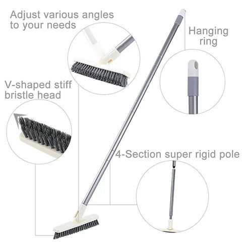 Long Handle Grout Scrub Brush With Rotating Head For Tile Floors And Shower Corners, shown with V-shaped bristles and rigid pole.
