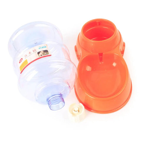Straight Up Built Different Raised Automatic Pet Feeder For Dogs And Cats Featuring Heavy Duty Nonslip Base Easy Disassembly And Seriously Leak Proof Setup For Chill Meal Times, orange bowl and clear water container.