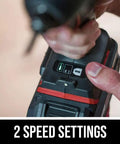 Close-up of Built Tough Cordless Drill and Impact Driver combo kit showing 2 speed settings for versatile use.