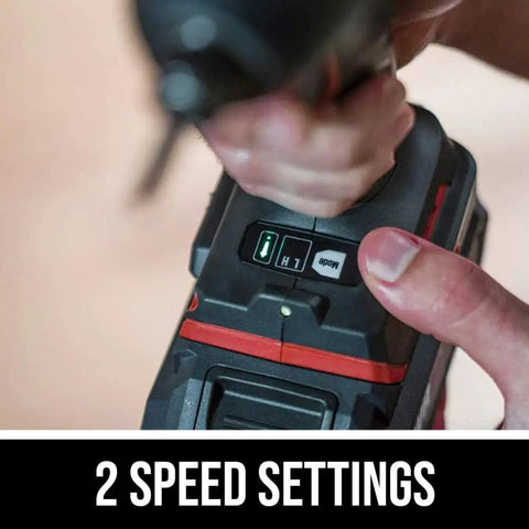 Close-up of Built Tough Cordless Drill and Impact Driver combo kit showing 2 speed settings for versatile use.