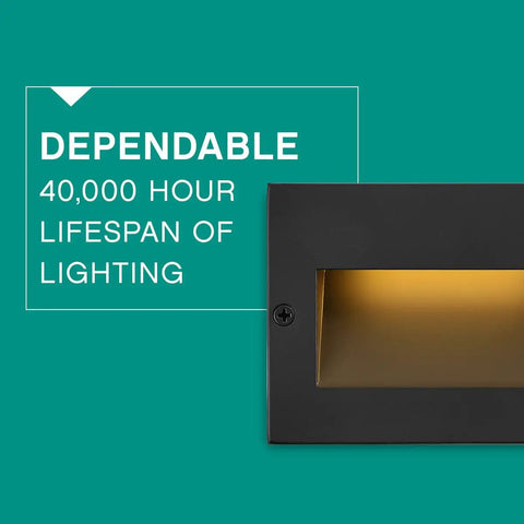 12V Integrated LED Horizontal Step Light With Recessed Mount, Etched Glass, Satin Black Finish, 40,000 Hour Lifespan Displayed