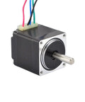 Front view of NEMA 11 bipolar mini stepper motor with metal shaft and multi-color wires.