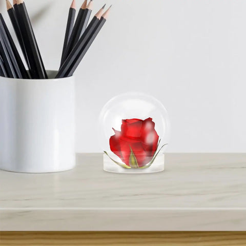 Clear 4 Inch Snow Globe Kit with red rose on desk, part of 8 Pack for DIY Craft Projects and Home Decor, Fillable Plastic Ball with Screw Cap