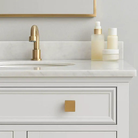 Bathroom vanity with Ten Pack Square Champagne Bronze Cabinet Knobs 1 1/8 Inch Single Hole Zinc Alloy Hardware For Kitchen Cabinets Dressers Wardrobes And Bathrooms Modern Durable Finish Easy Install, featuring a sleek faucet.