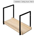 Heavy Duty Wrought Iron Shelf Brackets, 3 Pack Black, Ceiling and Wall Mount, 110 Lbs, Showing installation with wood shelf.