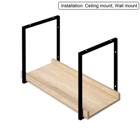 Heavy Duty Wrought Iron Shelf Brackets, 3 Pack Black, Ceiling and Wall Mount, 110 Lbs, Showing installation with wood shelf.