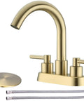 Brushed Gold 4 Inch Centerset Bathroom Faucet With Two Handles For 3 Hole Lavatory Vanity Sink Overflow Pop Up Drain CUPC Water Supply Lines Spot Resist Finish Lead Free Stainless Steel No Fuss Renovation Kit