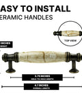 Set Of 10 Straight Up Killer Brown Marble Ceramic Drawer Pulls With Durable Antique Brass End Caps Premium Cabinet Handles For Kitchen Cupboards And Home Dressers Exact 3 3/4 Inch Hole Centers, displaying dimensions and top view.