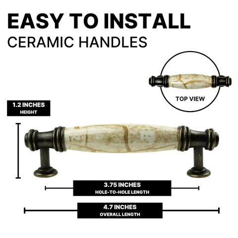 Set Of 10 Straight Up Killer Brown Marble Ceramic Drawer Pulls With Durable Antique Brass End Caps Premium Cabinet Handles For Kitchen Cupboards And Home Dressers Exact 3 3/4 Inch Hole Centers, displaying dimensions and top view.