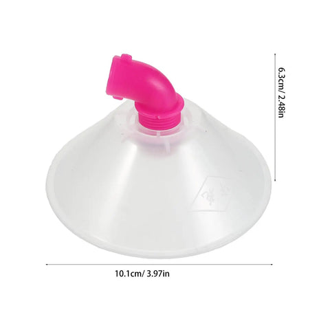 High Pressure Atomizing Sprayer Nozzles With Windproof Guards, 10cm diameter, pink nozzle with clear guard, side view.