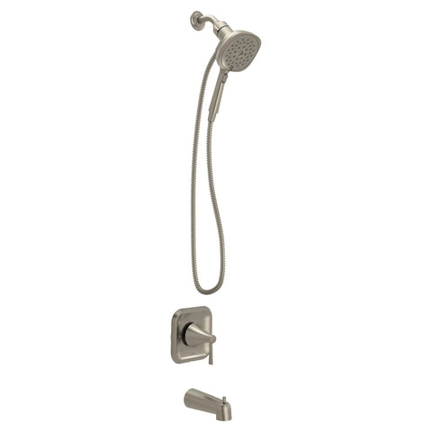 Modern Single Handle Tub And Shower Valve Set With Magnetix Snap Docking And Square Handheld Rain Shower Sprayer In Spot Resist Brushed Nickel For Slick No Fuss Daily Refresh